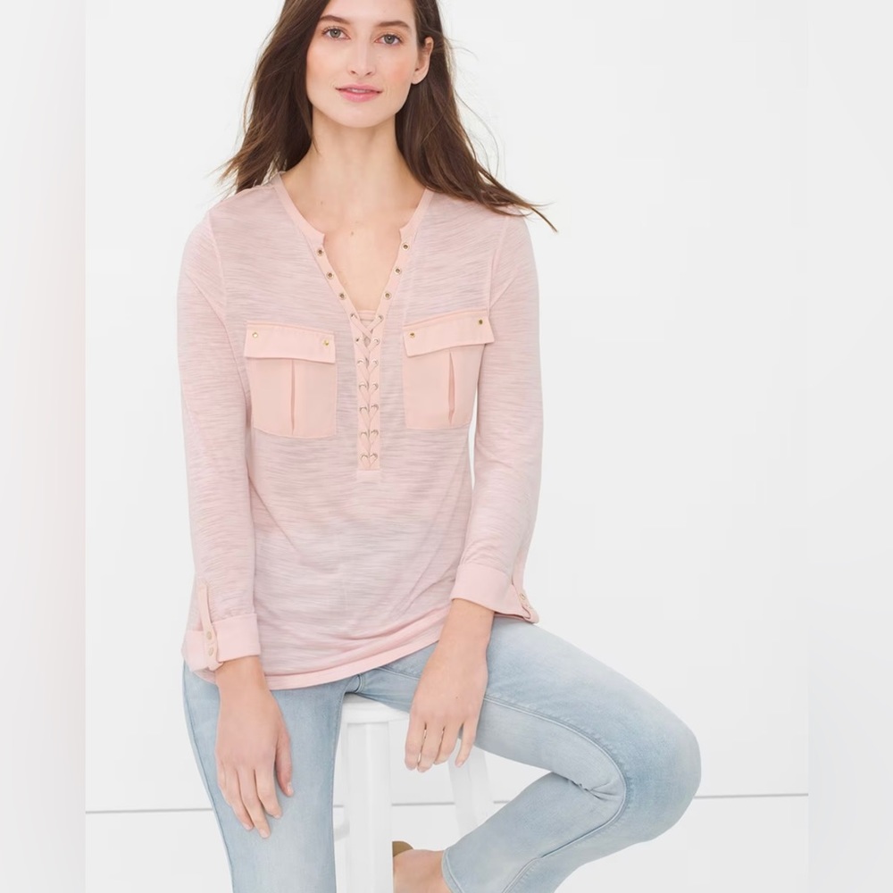 White House Black Market Three-Quarter Lace-up Tee Pink Size Small